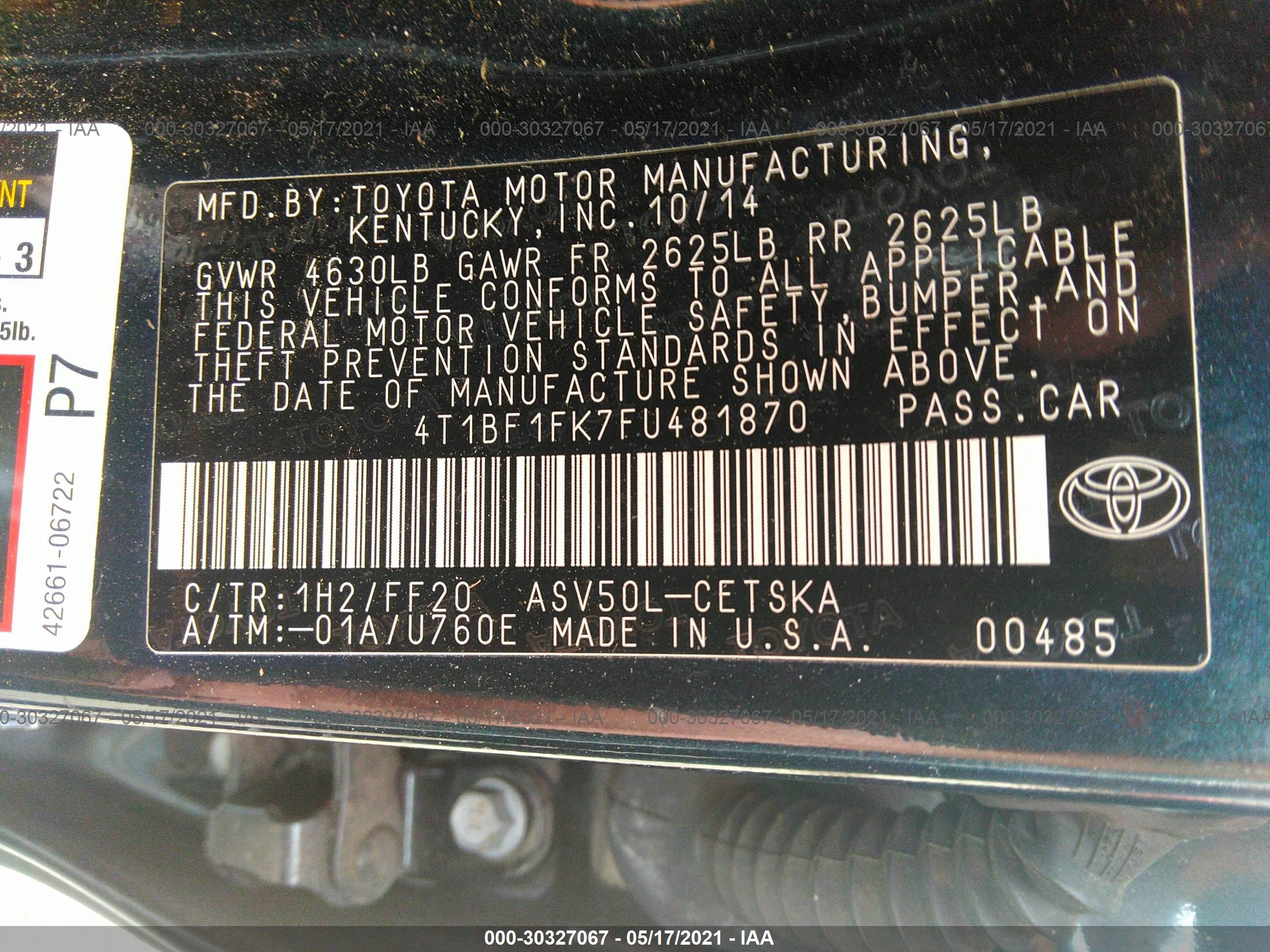 Photo 8 VIN: 4T1BF1FK7FU481870 - TOYOTA CAMRY 