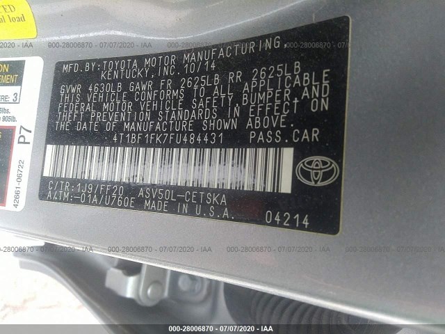 Photo 8 VIN: 4T1BF1FK7FU484431 - TOYOTA CAMRY 