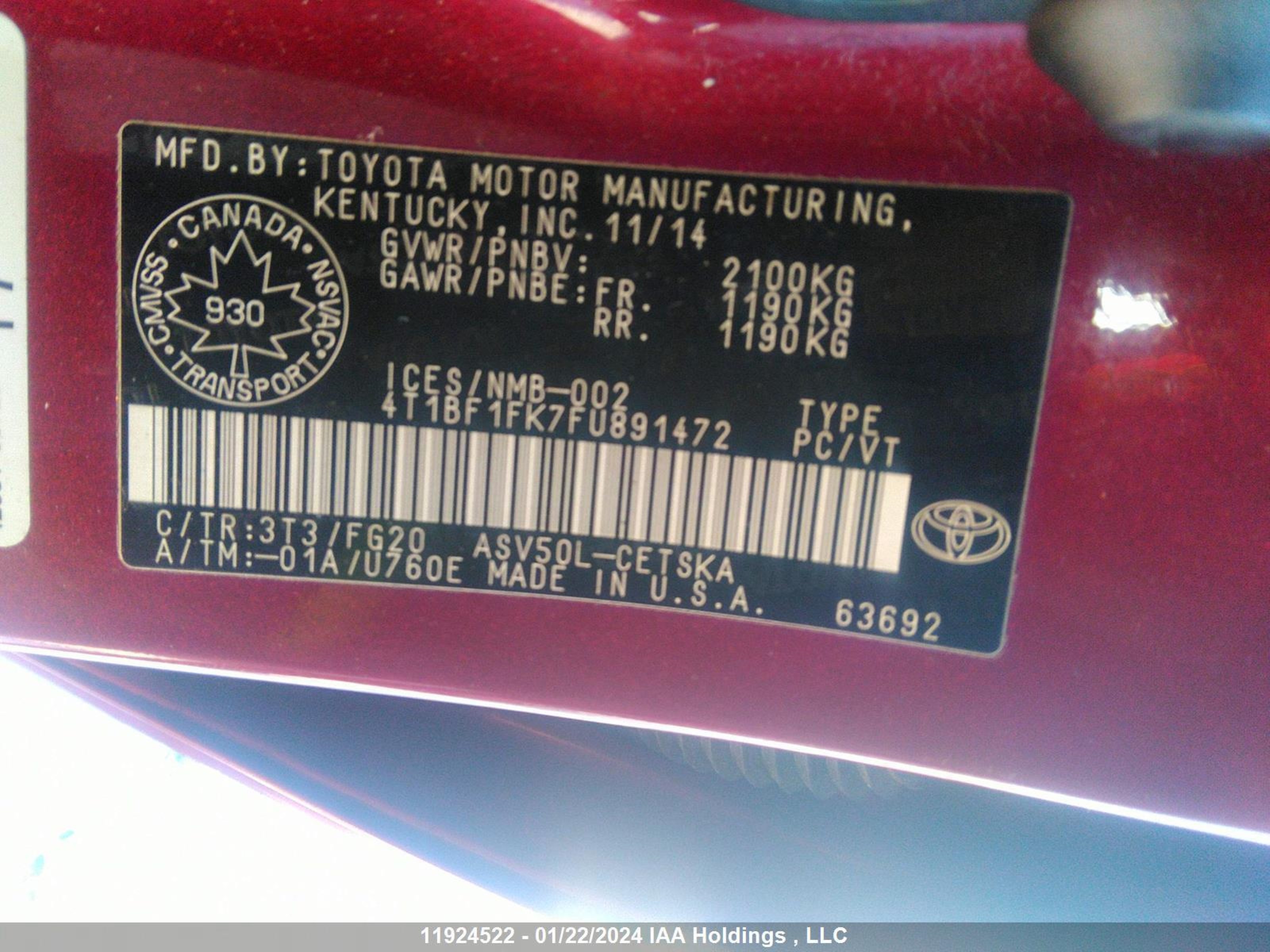 Photo 8 VIN: 4T1BF1FK7FU891472 - TOYOTA CAMRY 