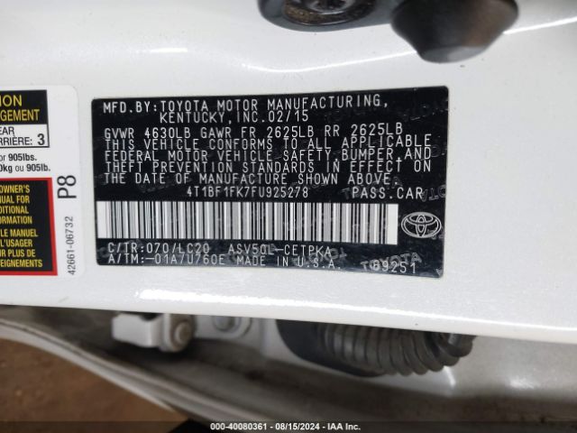 Photo 8 VIN: 4T1BF1FK7FU925278 - TOYOTA CAMRY 