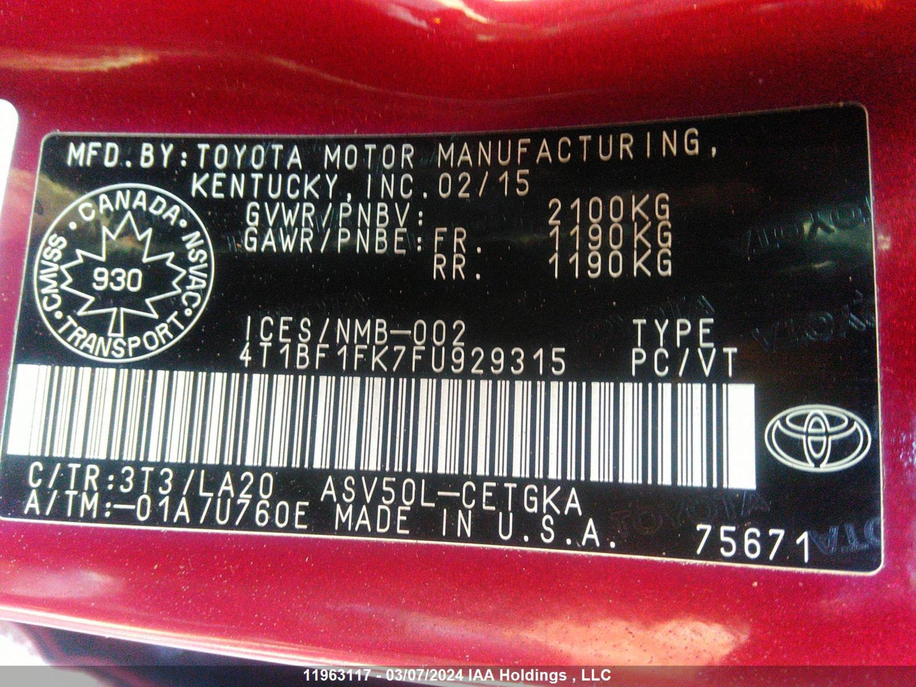 Photo 8 VIN: 4T1BF1FK7FU929315 - TOYOTA CAMRY 