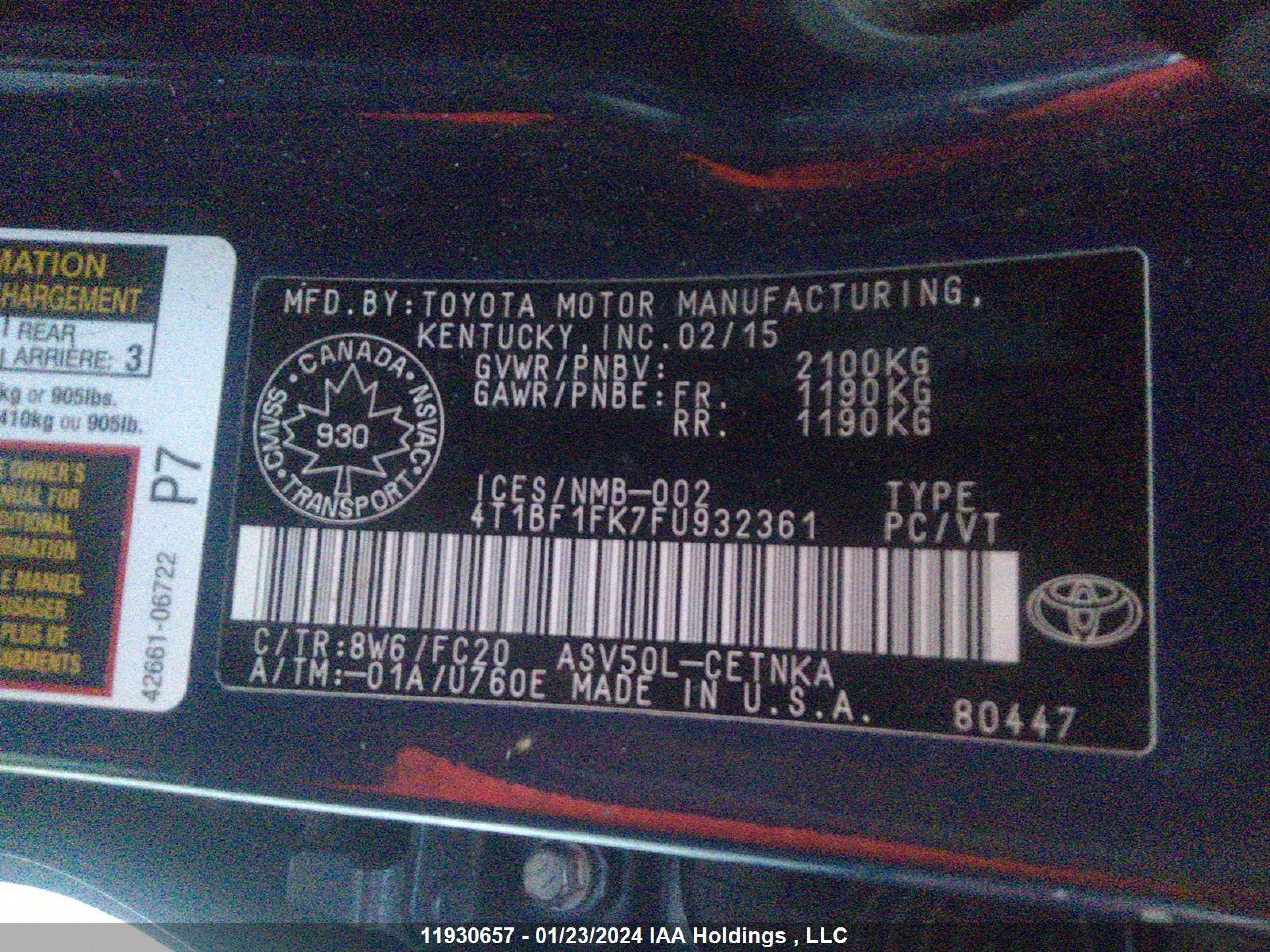 Photo 8 VIN: 4T1BF1FK7FU932361 - TOYOTA CAMRY 