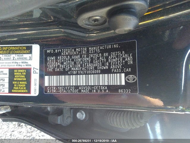 Photo 8 VIN: 4T1BF1FK7FU936099 - TOYOTA CAMRY 