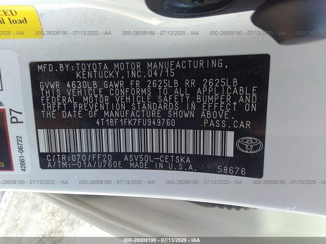 Photo 8 VIN: 4T1BF1FK7FU949760 - TOYOTA CAMRY 