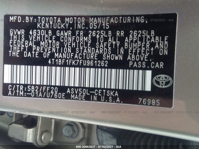 Photo 8 VIN: 4T1BF1FK7FU961262 - TOYOTA CAMRY 