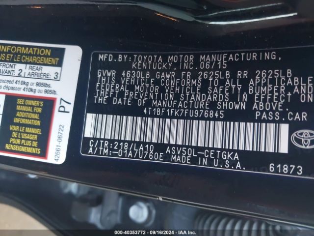 Photo 8 VIN: 4T1BF1FK7FU976845 - TOYOTA CAMRY 