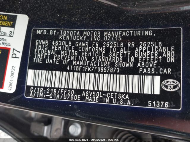 Photo 8 VIN: 4T1BF1FK7FU997873 - TOYOTA CAMRY 