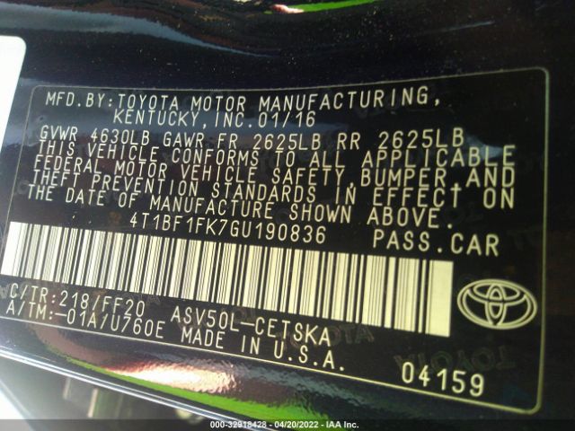 Photo 8 VIN: 4T1BF1FK7GU190836 - TOYOTA CAMRY 