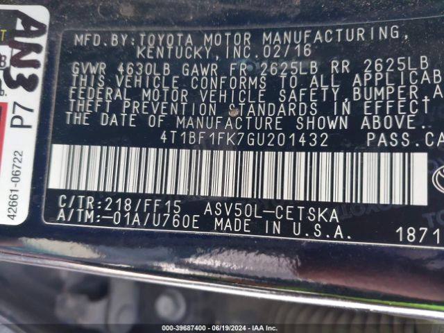 Photo 8 VIN: 4T1BF1FK7GU201432 - TOYOTA CAMRY 