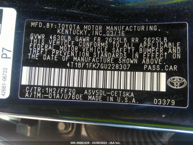 Photo 8 VIN: 4T1BF1FK7GU228307 - TOYOTA CAMRY 