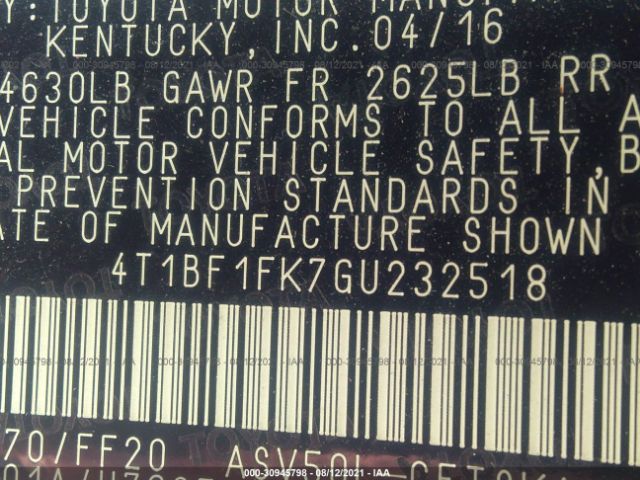 Photo 8 VIN: 4T1BF1FK7GU232518 - TOYOTA CAMRY 