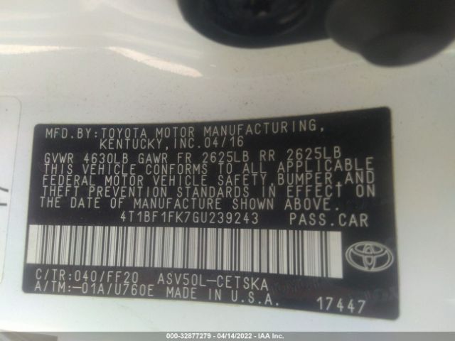 Photo 8 VIN: 4T1BF1FK7GU239243 - TOYOTA CAMRY 