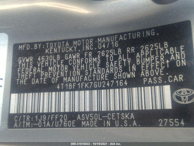 Photo 8 VIN: 4T1BF1FK7GU247164 - TOYOTA CAMRY 