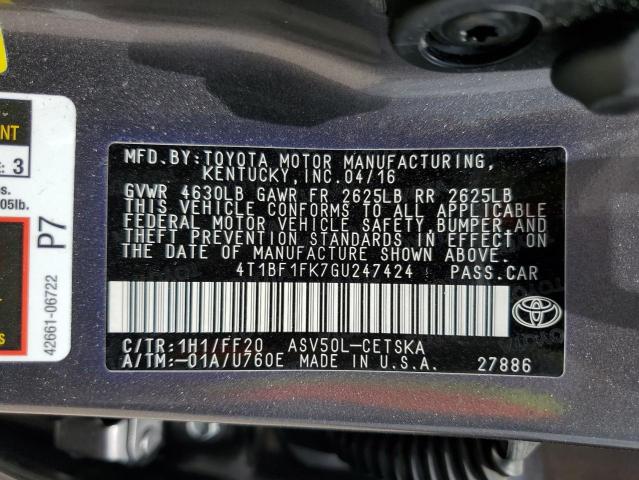 Photo 12 VIN: 4T1BF1FK7GU247424 - TOYOTA CAMRY 