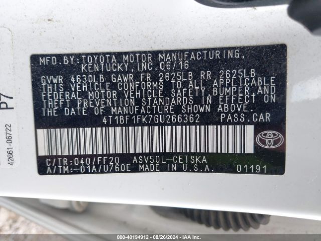 Photo 8 VIN: 4T1BF1FK7GU266362 - TOYOTA CAMRY 