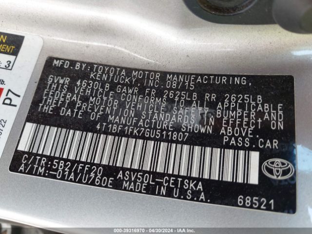 Photo 8 VIN: 4T1BF1FK7GU511807 - TOYOTA CAMRY 