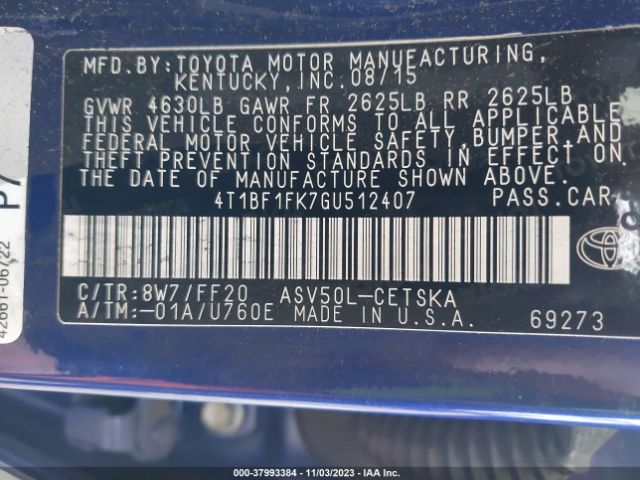 Photo 8 VIN: 4T1BF1FK7GU512407 - TOYOTA CAMRY 