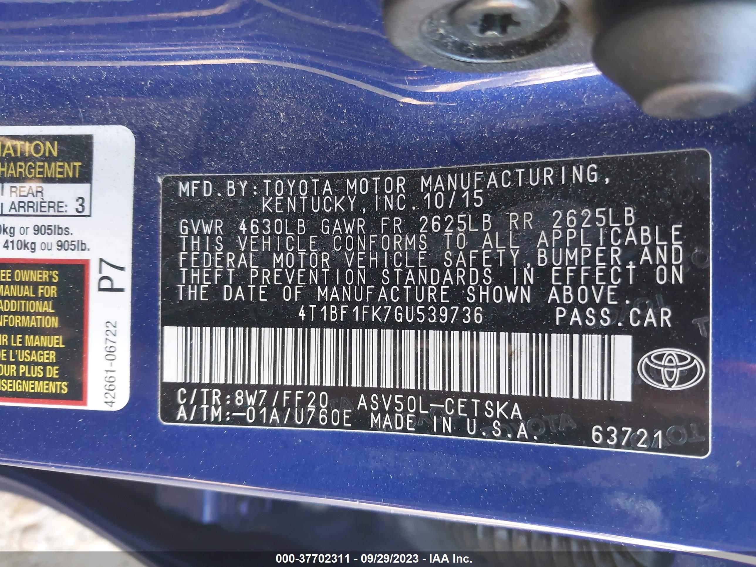 Photo 8 VIN: 4T1BF1FK7GU539736 - TOYOTA CAMRY 