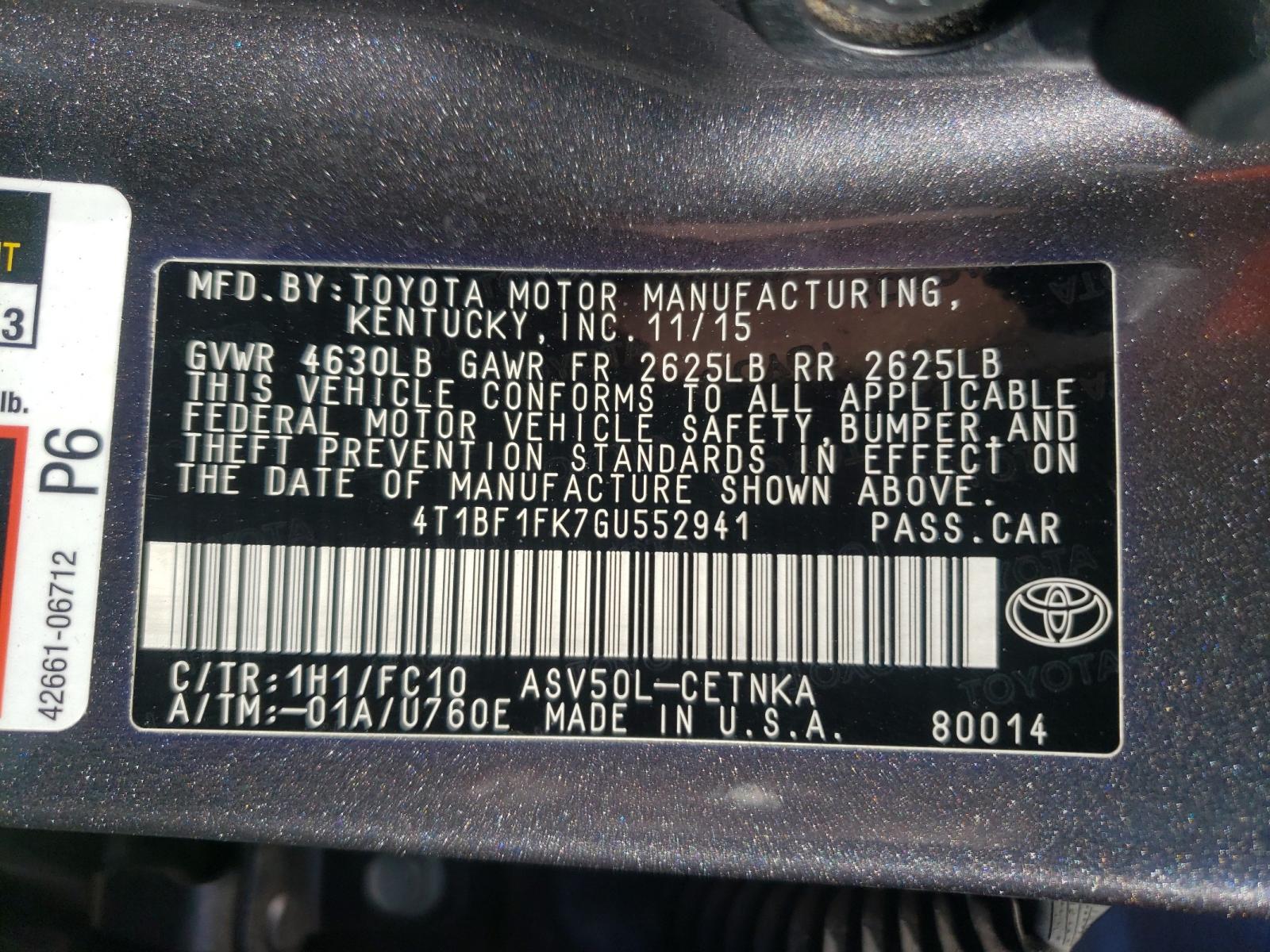 Photo 9 VIN: 4T1BF1FK7GU552941 - TOYOTA CAMRY LE 