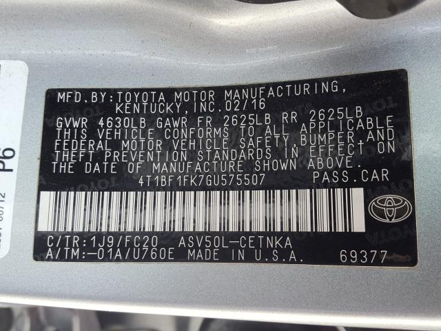 Photo 9 VIN: 4T1BF1FK7GU575507 - TOYOTA CAMRY LE 