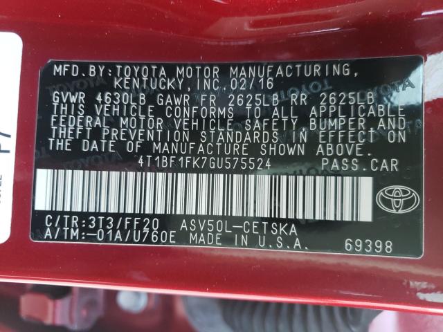 Photo 9 VIN: 4T1BF1FK7GU575524 - TOYOTA CAMRY LE 