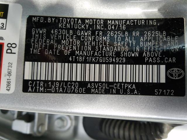 Photo 9 VIN: 4T1BF1FK7GU594929 - TOYOTA CAMRY LE 