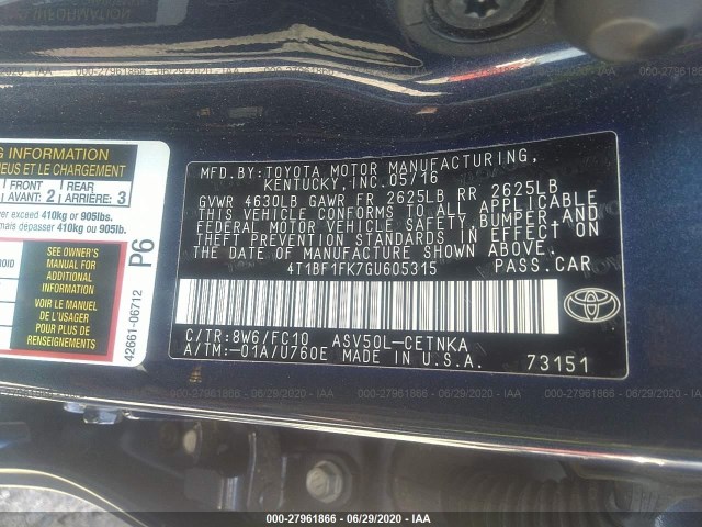 Photo 8 VIN: 4T1BF1FK7GU605315 - TOYOTA CAMRY 