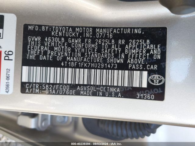 Photo 8 VIN: 4T1BF1FK7HU291473 - TOYOTA CAMRY 