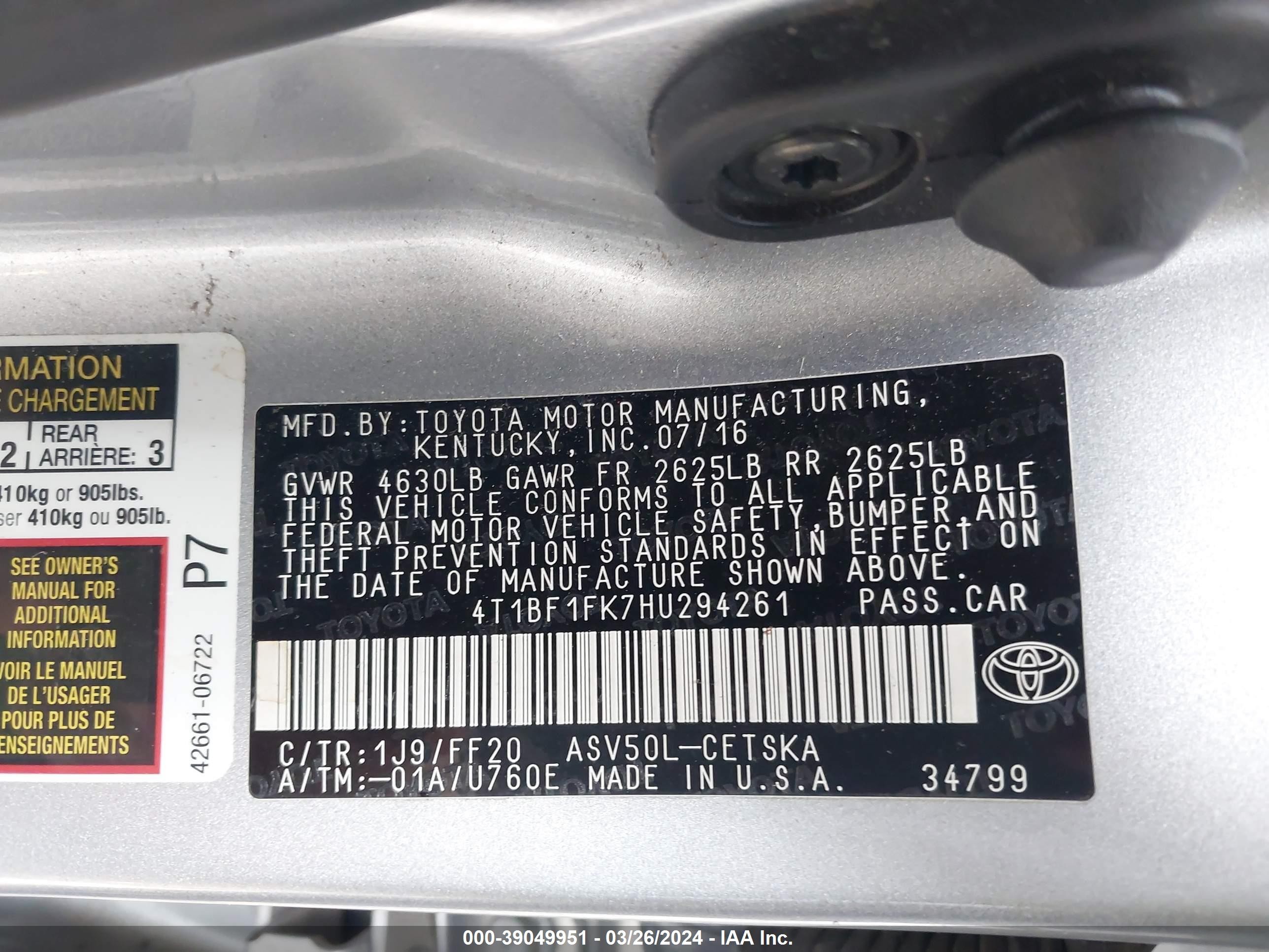 Photo 8 VIN: 4T1BF1FK7HU294261 - TOYOTA CAMRY 