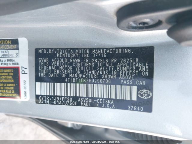 Photo 8 VIN: 4T1BF1FK7HU296706 - TOYOTA CAMRY 