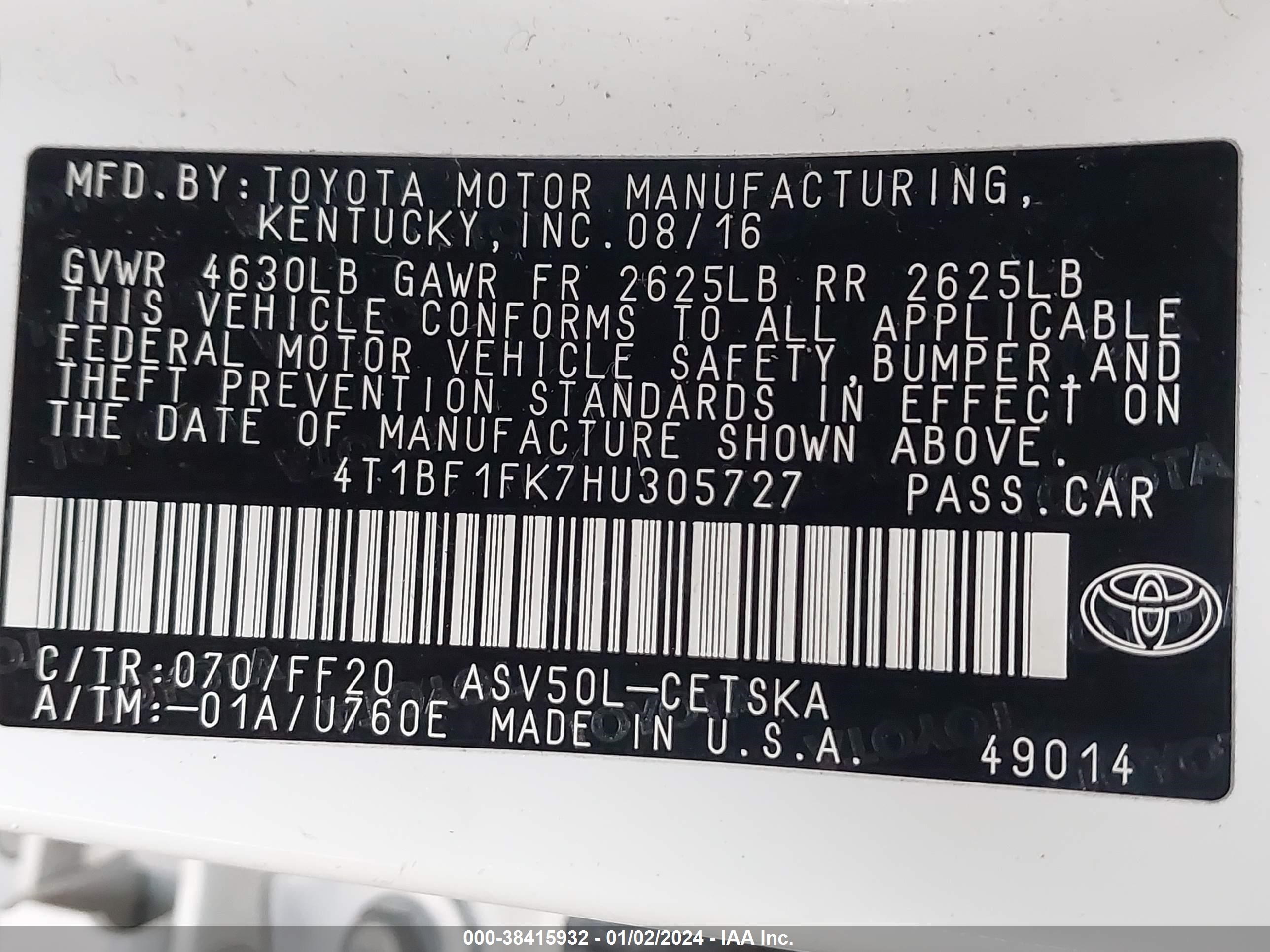 Photo 8 VIN: 4T1BF1FK7HU305727 - TOYOTA CAMRY 