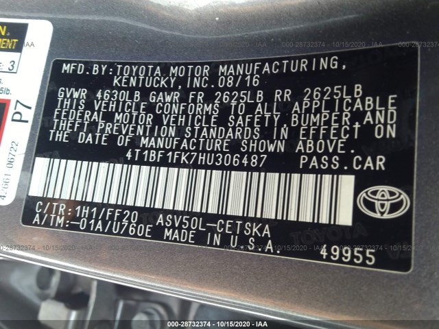 Photo 8 VIN: 4T1BF1FK7HU306487 - TOYOTA CAMRY 