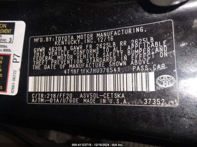 Photo 8 VIN: 4T1BF1FK7HU376541 - TOYOTA CAMRY 