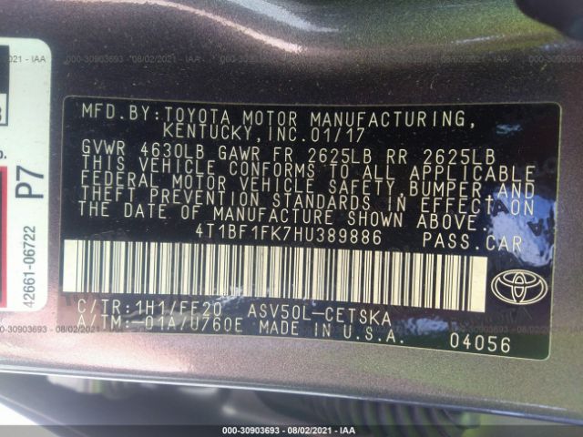 Photo 8 VIN: 4T1BF1FK7HU389886 - TOYOTA CAMRY 