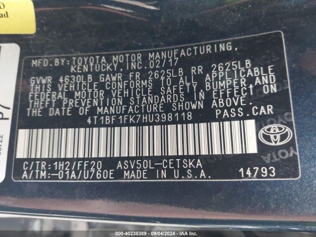 Photo 8 VIN: 4T1BF1FK7HU398118 - TOYOTA CAMRY 