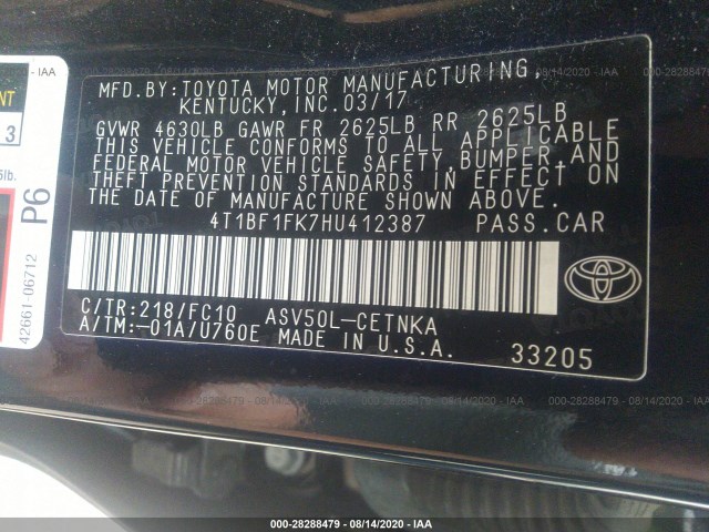 Photo 8 VIN: 4T1BF1FK7HU412387 - TOYOTA CAMRY 