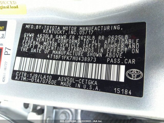 Photo 8 VIN: 4T1BF1FK7HU438973 - TOYOTA CAMRY 