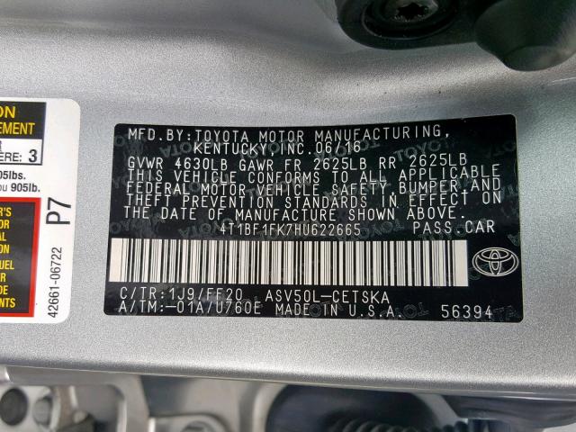 Photo 9 VIN: 4T1BF1FK7HU622665 - TOYOTA CAMRY 