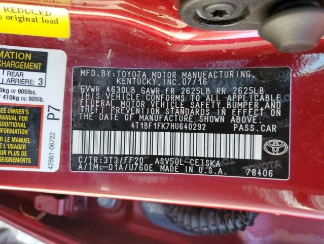 Photo 11 VIN: 4T1BF1FK7HU640292 - TOYOTA CAMRY SE A 