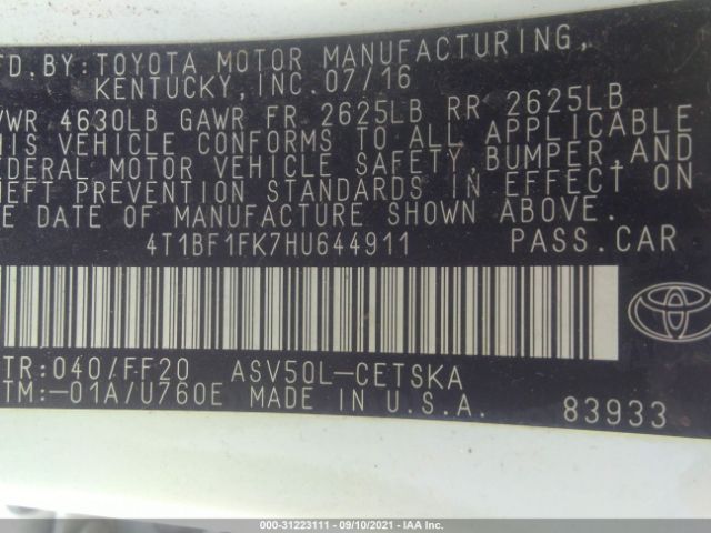 Photo 8 VIN: 4T1BF1FK7HU644911 - TOYOTA CAMRY 