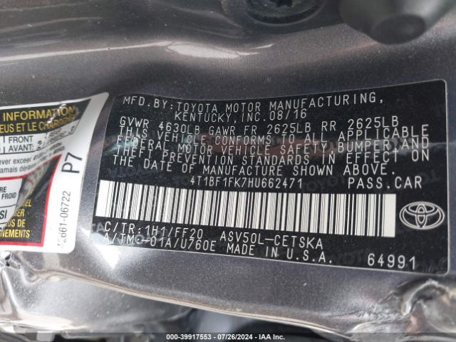 Photo 8 VIN: 4T1BF1FK7HU662471 - TOYOTA CAMRY 