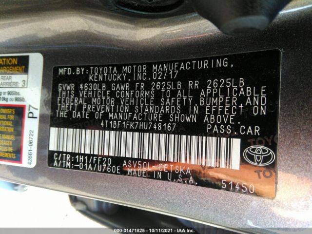 Photo 8 VIN: 4T1BF1FK7HU748167 - TOYOTA CAMRY 