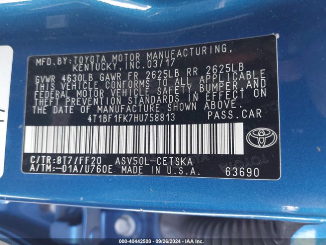 Photo 8 VIN: 4T1BF1FK7HU758813 - TOYOTA CAMRY 