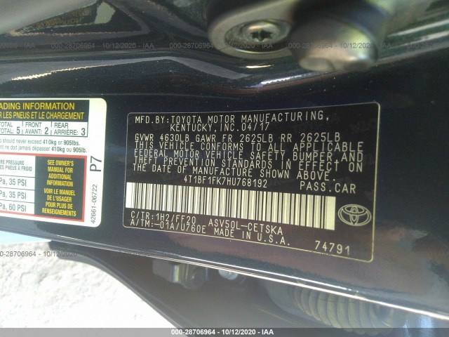 Photo 8 VIN: 4T1BF1FK7HU768192 - TOYOTA CAMRY 