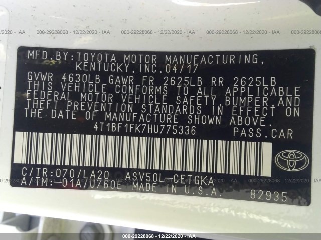 Photo 8 VIN: 4T1BF1FK7HU775336 - TOYOTA CAMRY 