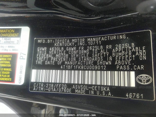 Photo 8 VIN: 4T1BF1FK8CU009012 - TOYOTA CAMRY 