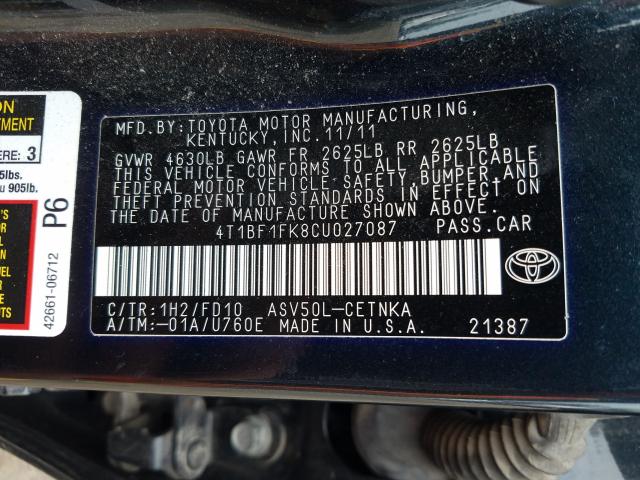 Photo 9 VIN: 4T1BF1FK8CU027087 - TOYOTA CAMRY BASE 