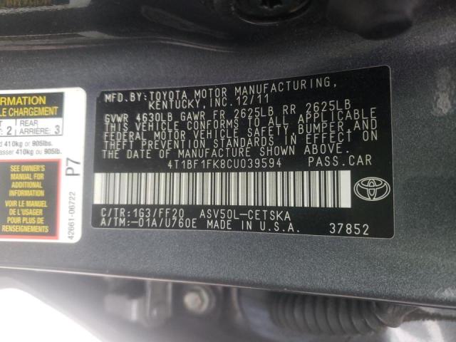 Photo 9 VIN: 4T1BF1FK8CU039594 - TOYOTA CAMRY BASE 