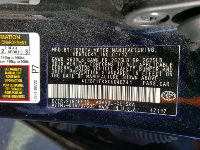 Photo 9 VIN: 4T1BF1FK8CU046741 - TOYOTA CAMRY BASE 