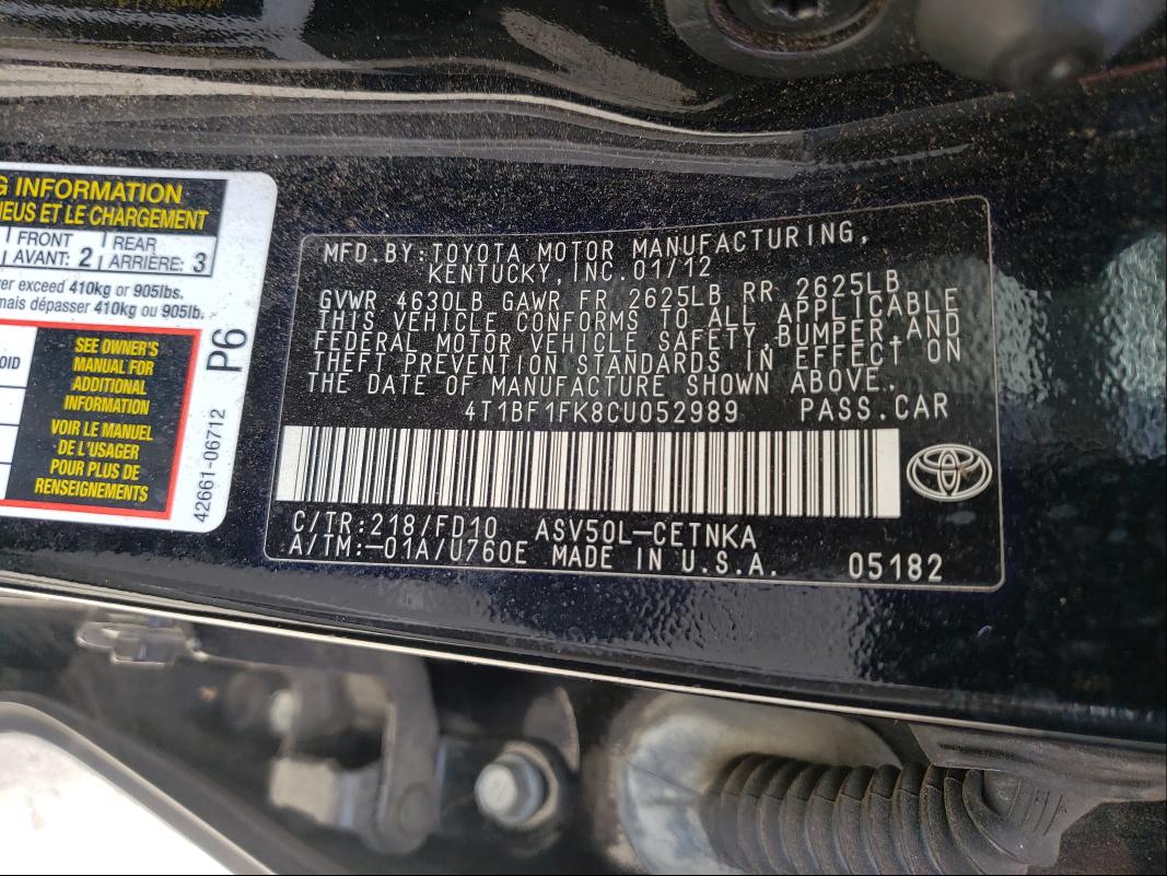 Photo 9 VIN: 4T1BF1FK8CU052989 - TOYOTA CAMRY BASE 